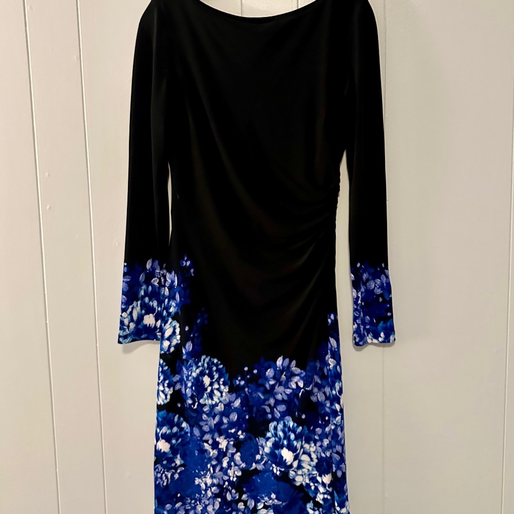 Women's Lauren Ralph Lauren Black and Blue Floral Ruched Sheath Dress Size 4